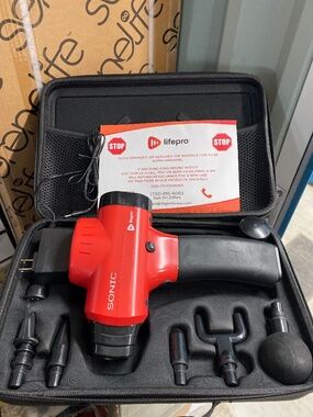 Lifepro Sonic Percussion Massage Gun - Red - Complete Kit with Case